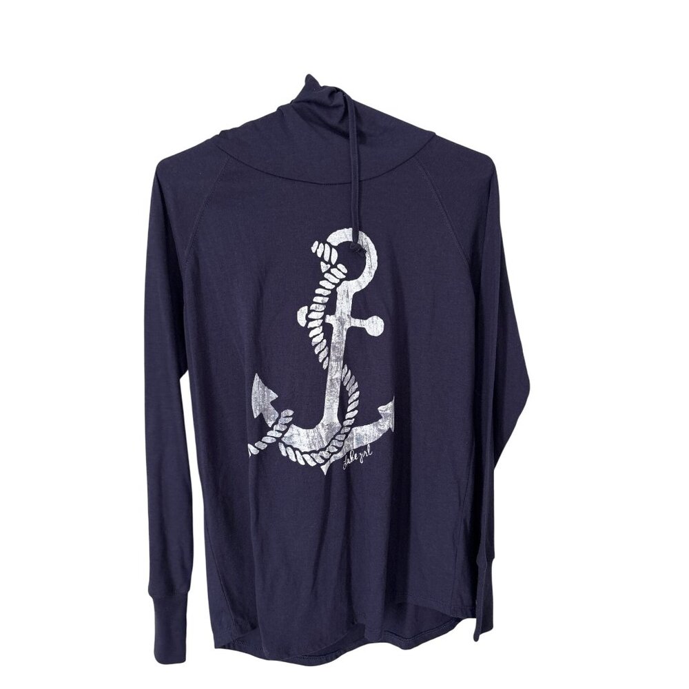 Lakegirl Hoodie Size Medium Long Sleeve Cowl Neck Anchor Navy White Nautical NEW